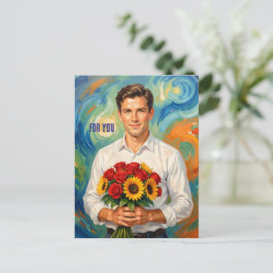 Junger Mann mit Blumenstrauß Retro-Stil personalis Postkarte