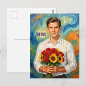 Junger Mann mit Blumenstrauß Retro-Stil personalis Postkarte (Vorne/Hinten)