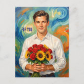Junger Mann mit Blumenstrauß Retro-Stil personalis Postkarte (Vorderseite)