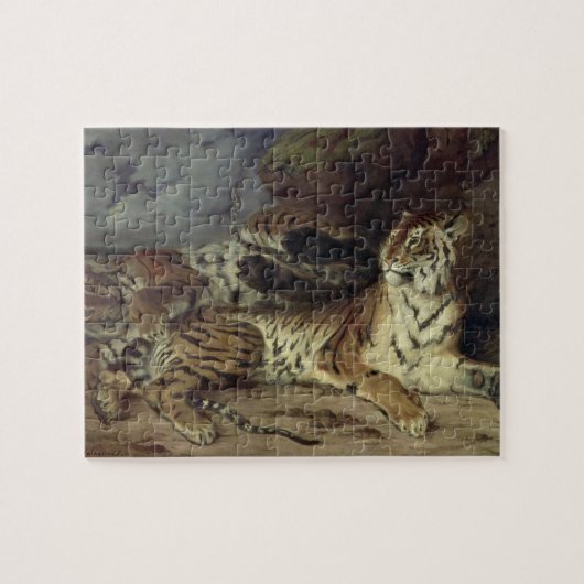 Junger Tiger, der mit seiner Mutter, 1830 spielt Puzzle (Horizontal)