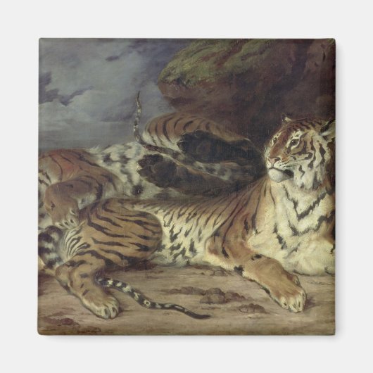 Junger Tiger spielt mit seiner Mutter, 1830 (Öl au Magnet (Vorne)