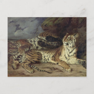 Junger Tiger spielt mit seiner Mutter, 1830 (Öl au Postkarte