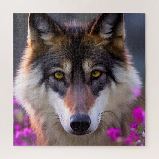 Junger Wolf in fuchsienrosa Blüten Puzzle (Vertikal)