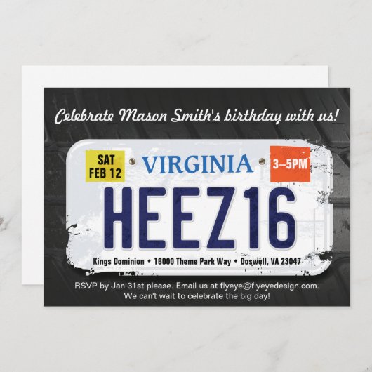 Junge's 16. Geburtstag Virginia Lizenz Einladung (Vorne/Hinten)
