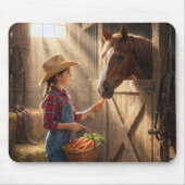 Junges Mädchen füttert ein Pferd mit Karotten Mousepad (Vorne)