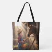 Junges Mädchen füttert ein Pferd mit Karotten Tasche (Vorderseite)