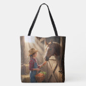 Junges Mädchen füttert ein Pferd mit Karotten Tasche (Rückseite)