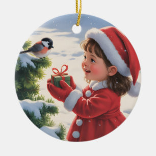 Junges Mädchen in einem Santa-Anzug mit einem Rotk Keramik Ornament
