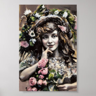 Junges Mädchen mit Blumenhut Rosen Pastellzeichnun Poster