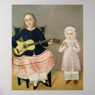 Junges Mädchen mit einer Gitarre und einem Kind Poster