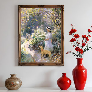 Junges Mädchen und ihr Windhund im Garten,  Poster