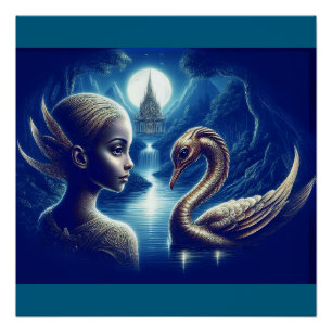 Junges Mädchen und Schwan atemberaubende Landschaf Poster