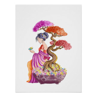 Junges Mädchen und sein riesiger japanischer Baum. Poster