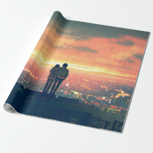 junges Paar auf dem Dach stehend und auf c schauen Geschenkpapier