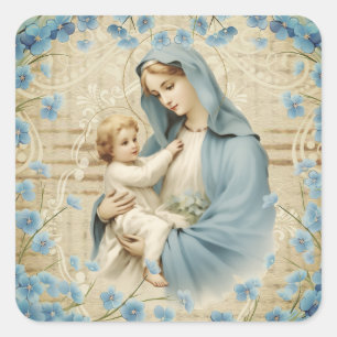 Jungfrau Maria Jesus Lamm Vintage Blaue Blumen Quadratischer Aufkleber