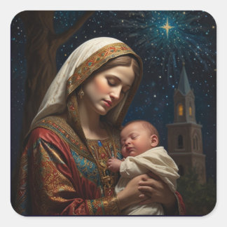 Jungfrau Maria & Jesus Weihnachtsnativität Quadratischer Aufkleber