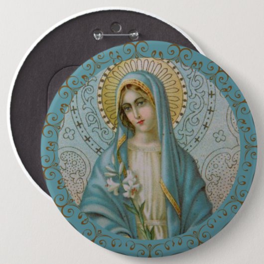 Jungfrau Maria mit lilligem Gold-Dekor-Rahmen geta Button (Vorne & Hinten)