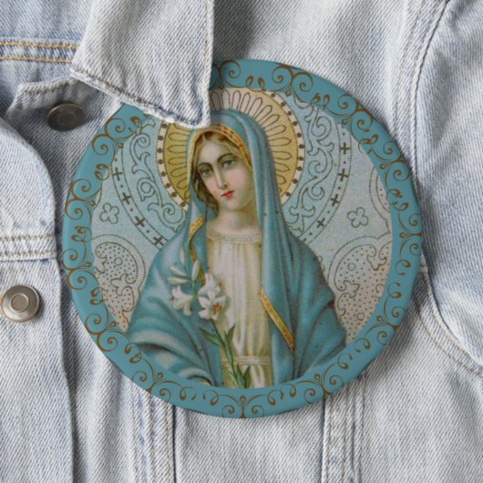 Jungfrau Maria mit lilligem Gold-Dekor-Rahmen geta Button (Beispiel)