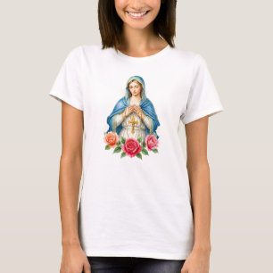 Jungfrau Maria mit Rosenkranz Katholisch Floral T-Shirt