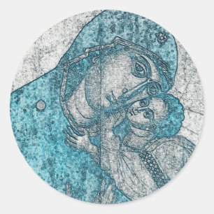 Jungfrau Maria und Jesuskind Vintage Blau Runder Aufkleber
