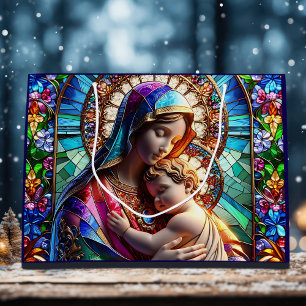 Jungfrau Mary and Baby Jesus Halted Glass Große Geschenktüte