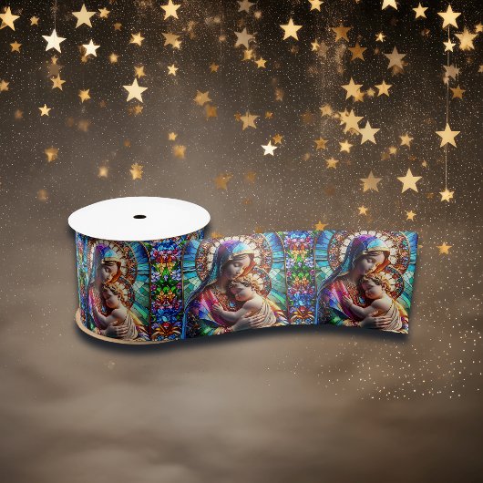 Jungfrau Mary and Baby Jesus Halted Glass Satinband