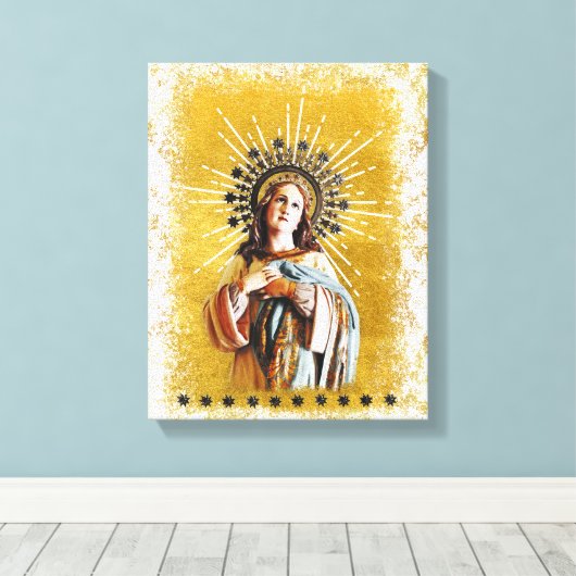 Jungfrau Mary Gold & White Starry Halo Leinwanddruck (Insitu (Holzboden))