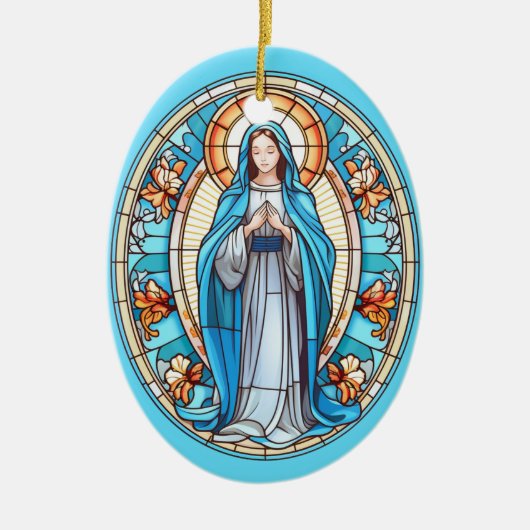 Jungfrau Mary in Blue Stached Glass Christmas Keramik Ornament (Vorne)
