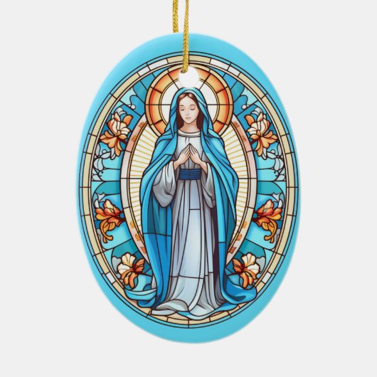 Jungfrau Mary in Blue Stached Glass Christmas Keramik Ornament (Hinten)