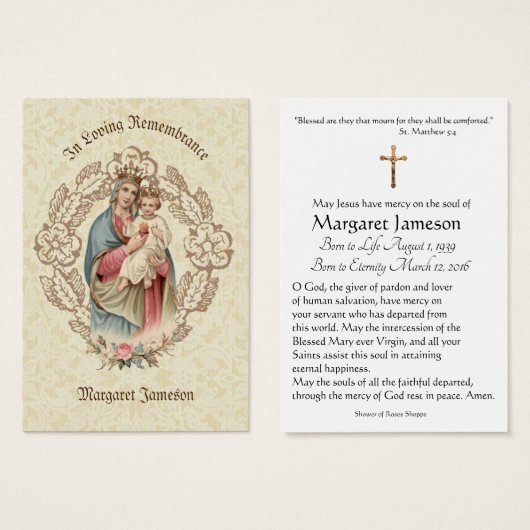 Jungfrau Mary Katholic Funeral Memorial Holcard - (Vorne & Hinten)