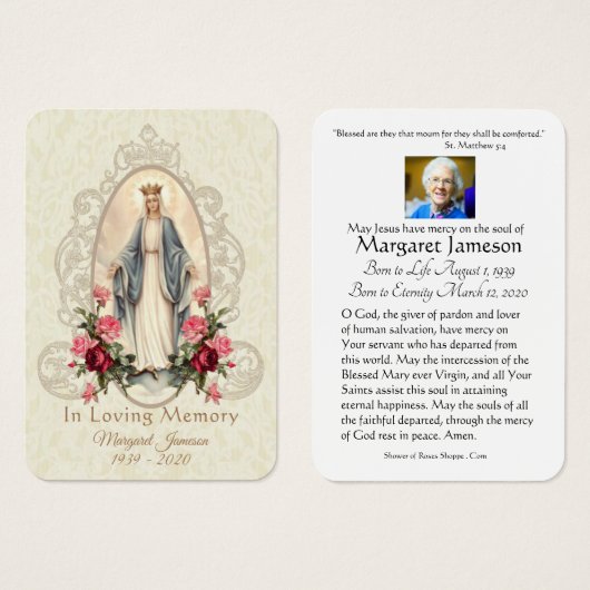 Jungfrau Mary Katholic Funeral Memorial Holcard - (Vorne & Hinten)