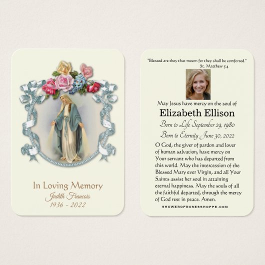 Jungfrau Mary Katholic Funeral Memorial Holcard - (Vorne & Hinten)