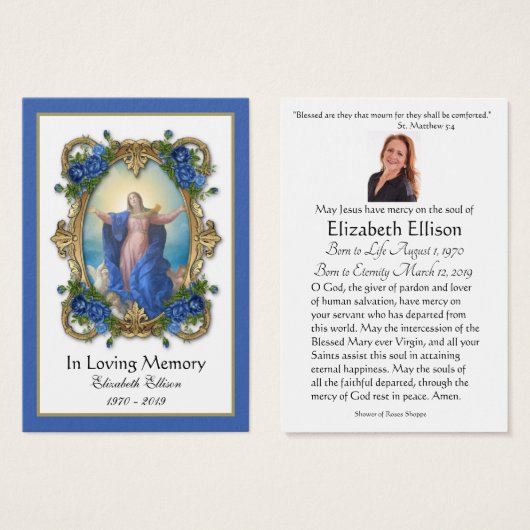 Jungfrau Mary Katholic Funeral Memorial Holcard - (Vorne & Hinten)