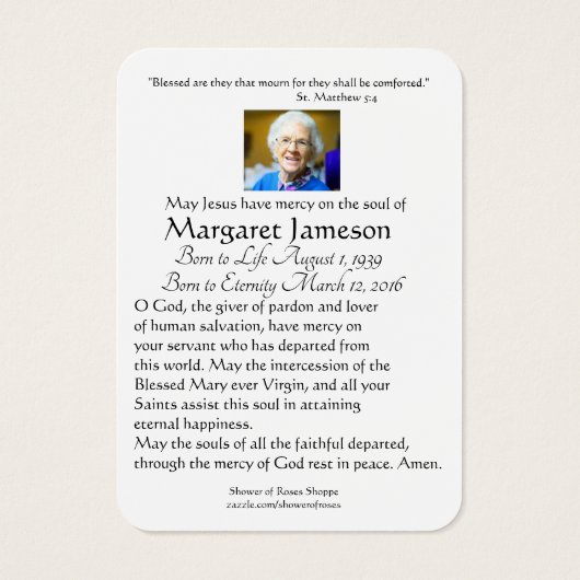 Jungfrau Mary Katholic Funeral Memorial Holcard - (Rückseite)