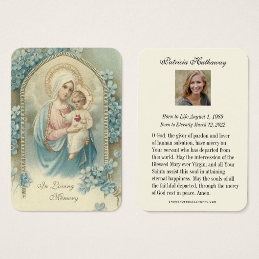Jungfrau Mary Katholic Funeral Memorial Holcard - (Vorne & Hinten)
