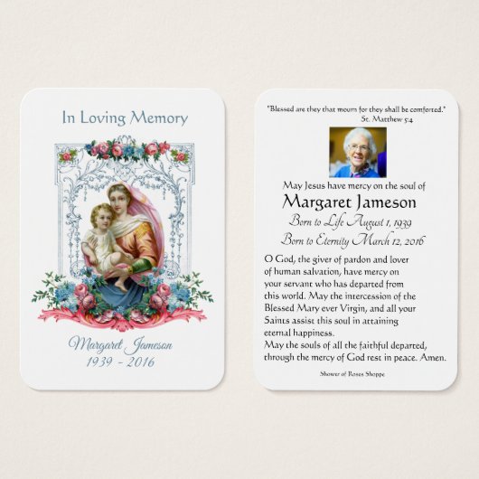 Jungfrau Mary Katholic Funeral Memorial Holcard - (Vorne & Hinten)
