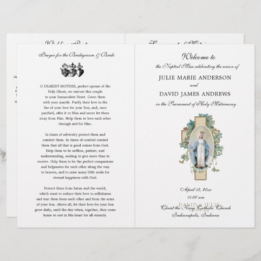 Jungfrau Mary Katholic Latin Mass Wedding Program (Vorne/Hinten)