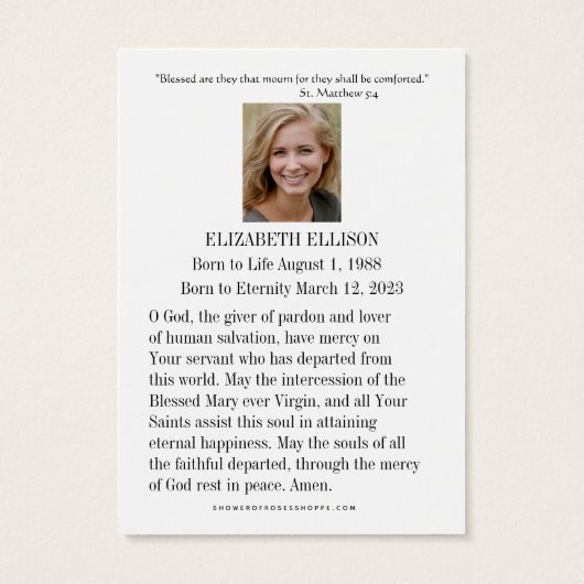 Jungfrau Mary Memorare Gebet Beerdigungskarte (Rückseite)