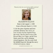 Jungfrau Mary Memorare Gebet Beerdigungskarte (Rückseite)