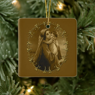 Jungfrau Mary mit Child Jesus, Goldrand Design Keramikornament