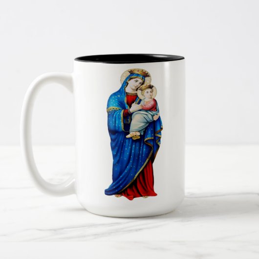 Jungfrau Mary mit dem Baby Jesus Zweifarbige Tasse (Links)