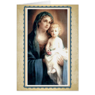 Jungfrau Mary mit Kind Jesus, der rosa Rose hält