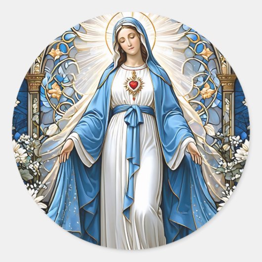 Jungfrau Mary mit Sacred Hearth Stettingglas Runder Aufkleber (Vorderseite)