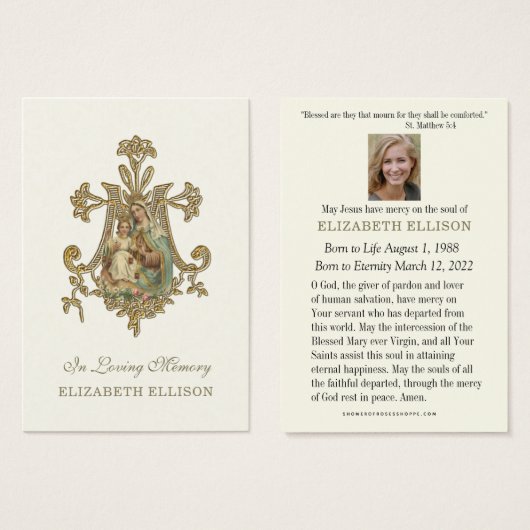 Jungfrau Mary MOUNT CARMEL Beerdigung Gebet (Vorne & Hinten)