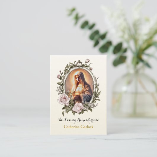 Jungfrau Mary Pink Roses Rahmen Beerdigung Gebetsk Platzkarte (Stehend Vorderseite)