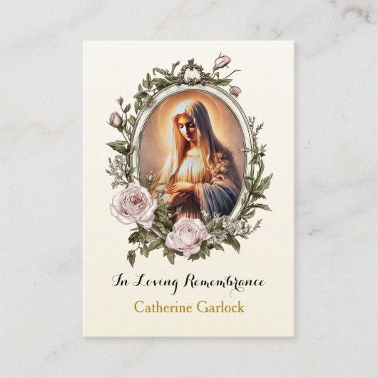 Jungfrau Mary Pink Roses Rahmen Beerdigung Gebetsk Platzkarte (Vorderseite)