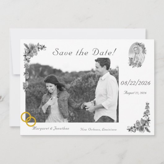 Jungfrau Mary Silver katholische Hochzeit retten d Save The Date (Vorderseite)