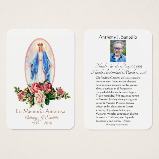 Jungfrau Mary Spanish Funeral Memorial Holcard - (Vorne & Hinten)