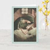 Jungfrau Mary trödelt Kind im Bett gut. Karte (Gelbe Blume)