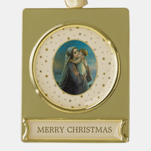 Jungfrau Mary und Baby Jesus auf dem Sternenhimmel Banner-Ornament Gold (Vorderseite)